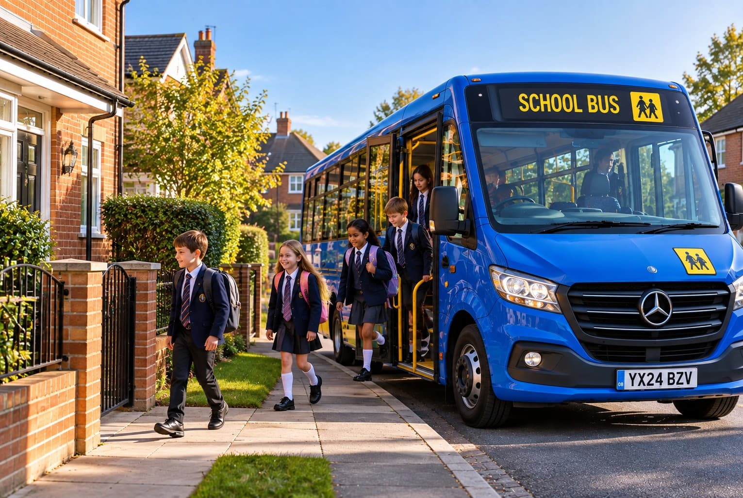 Students boarding the school bus at the school for planned drop-off