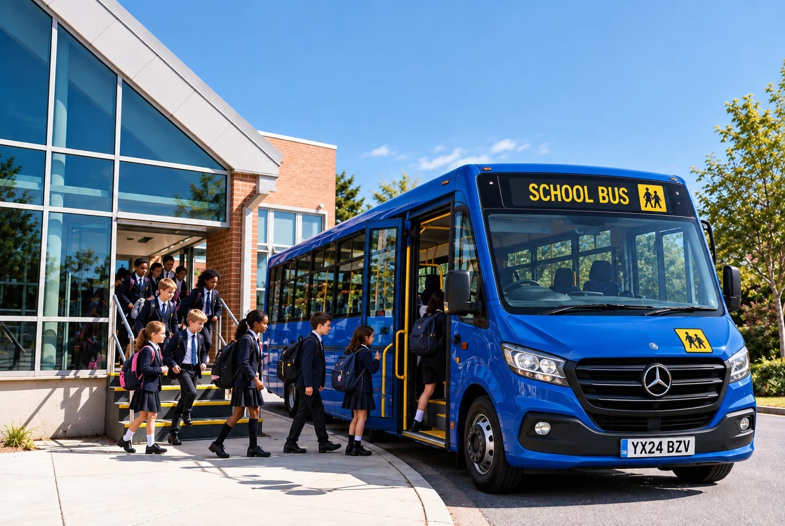 Students showing their school bus pass to the driver while boarding the bus