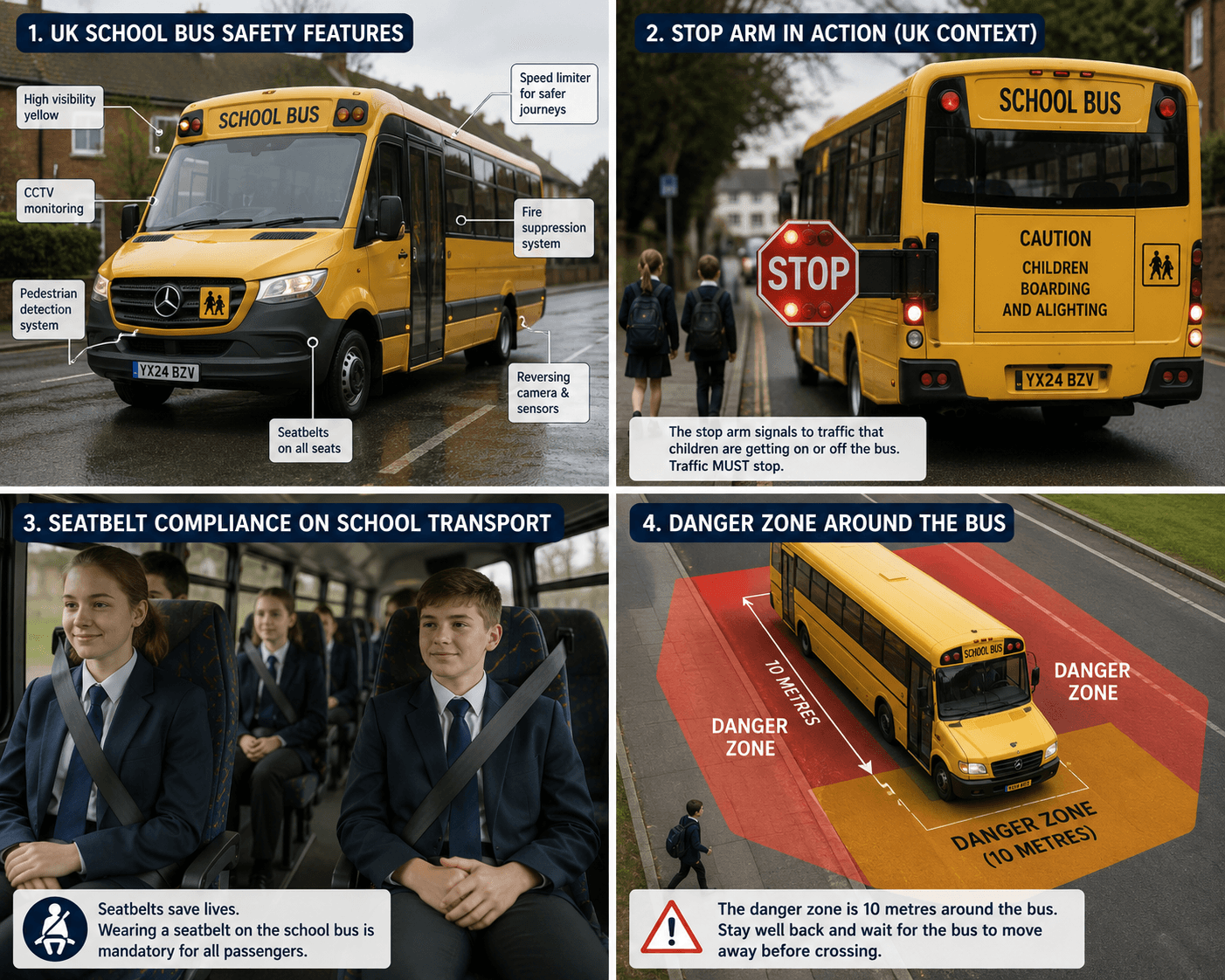 School bus safety illustration with supervision and safety signs